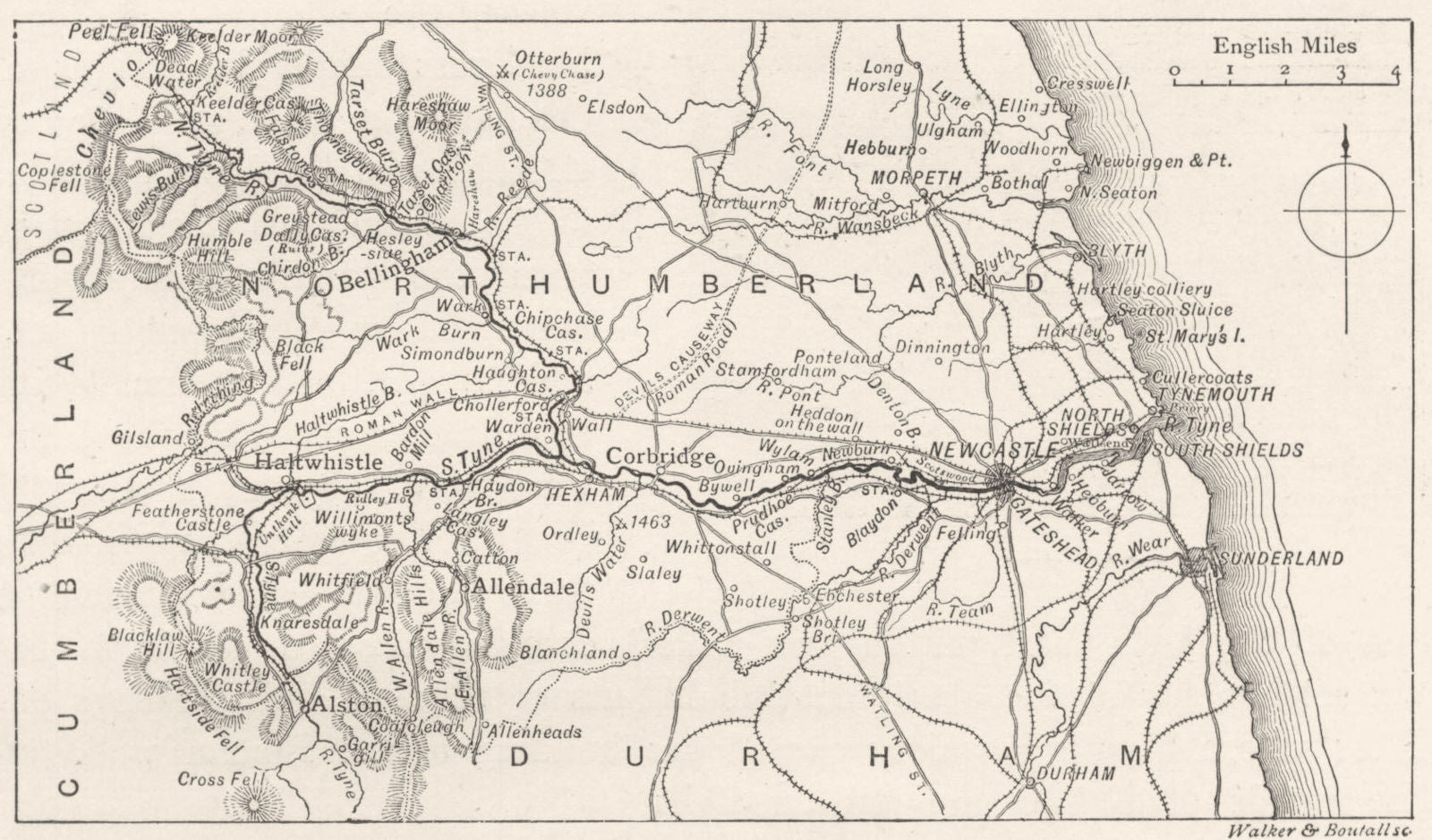 NORTHUMBERLAND. The Course of the Tyne. Sketch map 1901 old antique chart